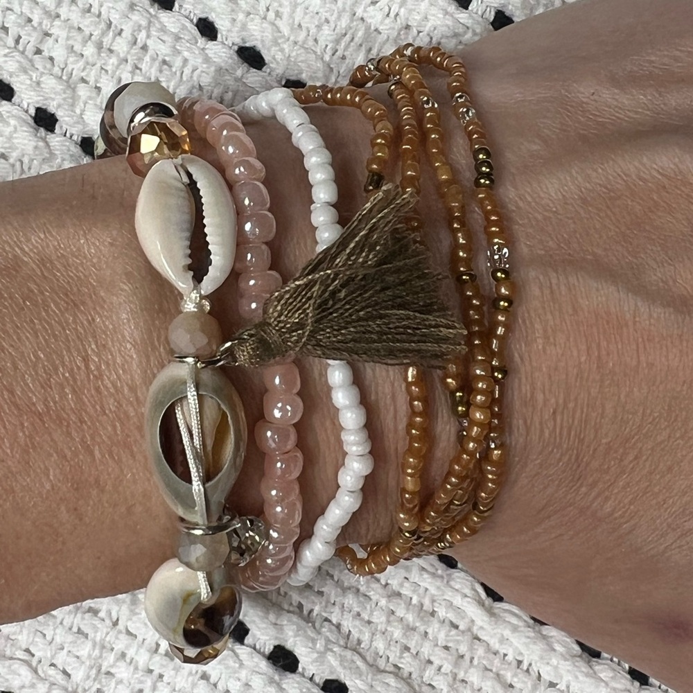 Boho Cowrie Shell Beaded Bracelet Set, elastic stretch bracelets, brown tassel